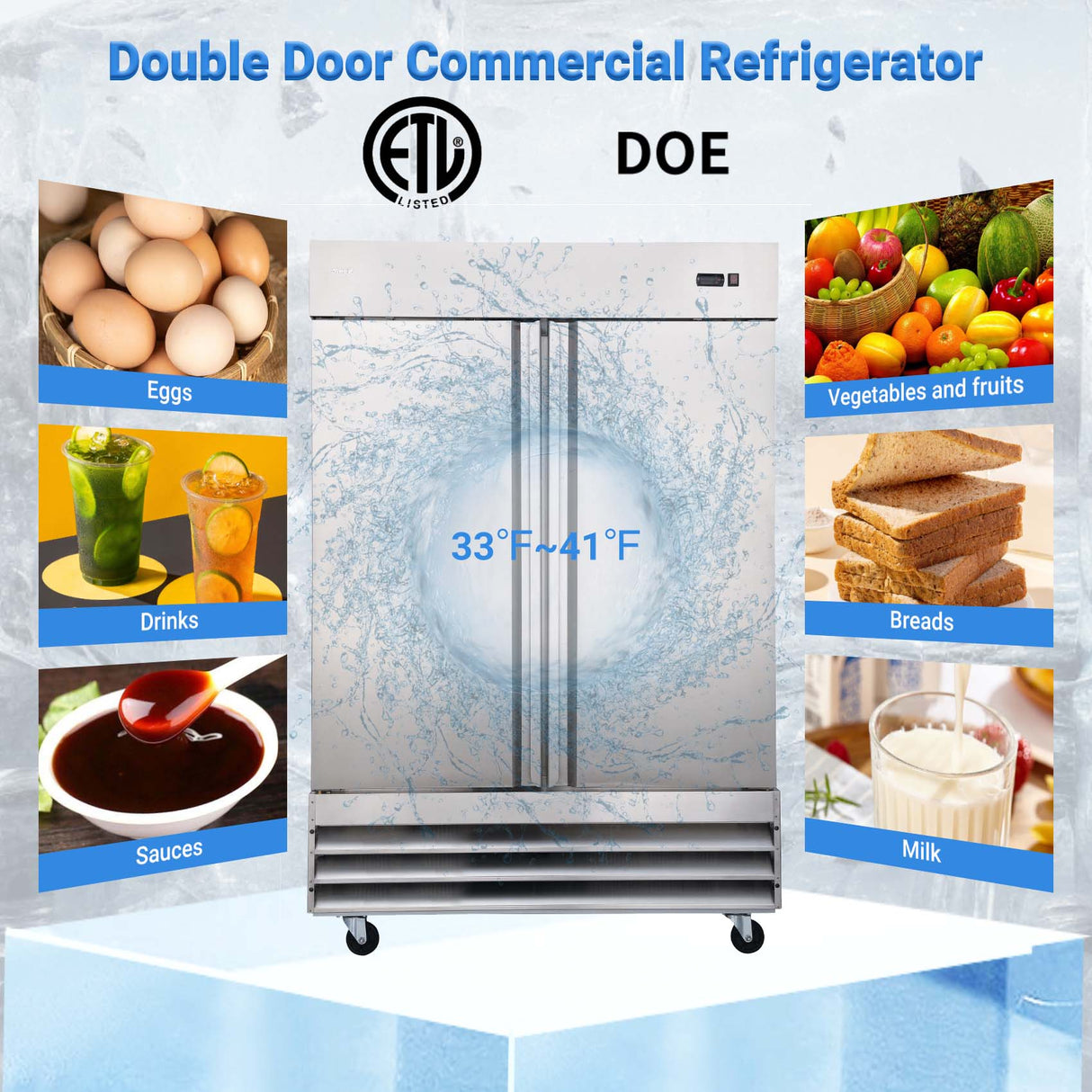 Smad 47 Cu.Ft.54 In.Double Door Stainless Steel Restaurant Commercial Reach In Freezer