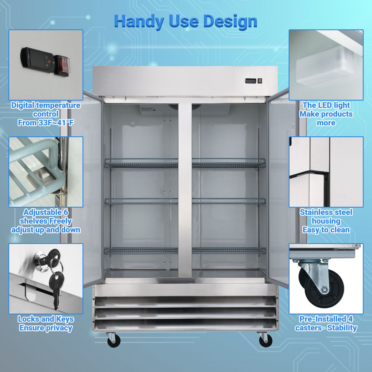 Smad ND-CFD-2RR-HC Kommerzieller Kühlschrank mit zwei Volltüren, 47 Zoll, Edelstahl